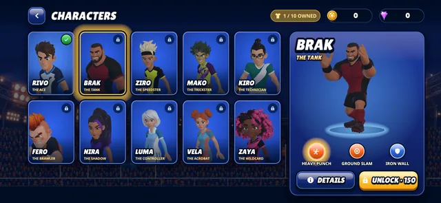 The Goal Fight character select screen with all 10 fighters