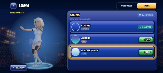 The skins screen, previewing a Luma skin in 3D